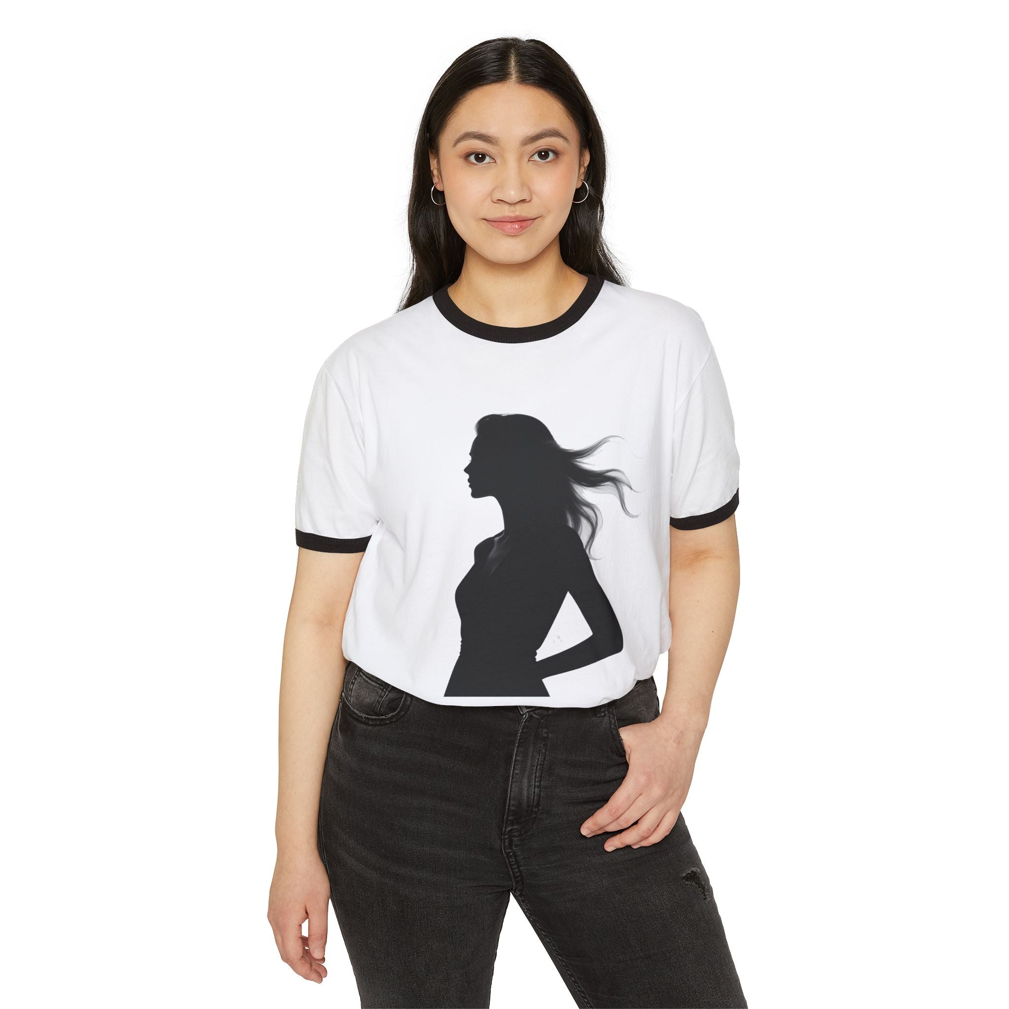 Chic Silhouette Unisex Ringer T-Shirt | Casual Wear, Fashion Gift, Graphic Tee, Everyday Style, Statement Shirt