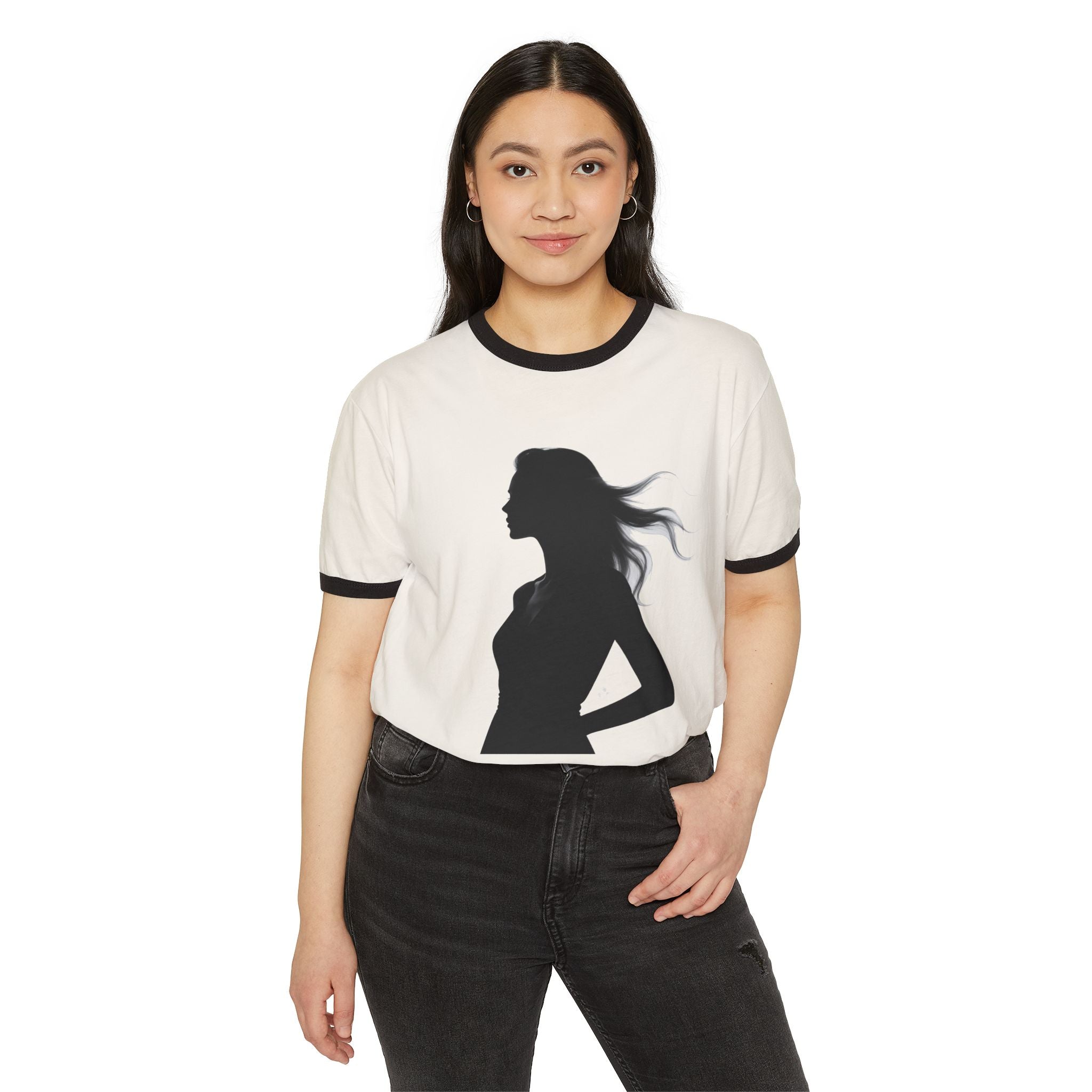 Chic Silhouette Unisex Ringer T-Shirt | Casual Wear, Fashion Gift, Graphic Tee, Everyday Style, Statement Shirt